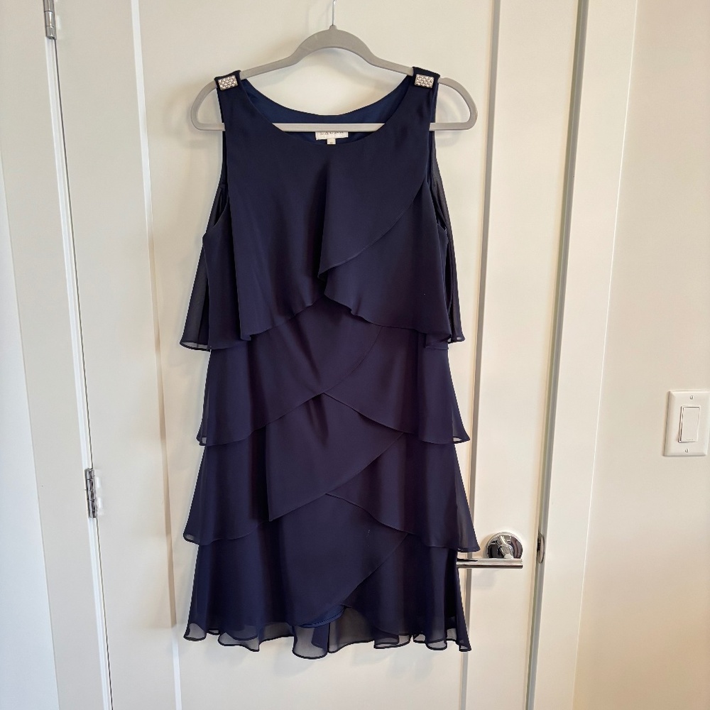 Laura Navy Layered Chiffon Cocktail Dress Size 14